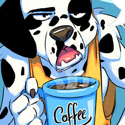 Morgenkaffen - Tegneserie og humoristisk illustrasjon av en dalmatiner som har morgenkaffen