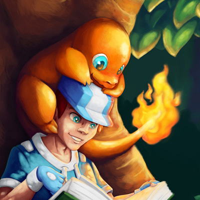 Pokémon, pause durant le voyage - Illustration cartoon d'un dresseur et de son pokémon dans la forêt Pokémon, pause durant le voyage - Illustration cartoon d'un dresseur et de son pokémon dans la forêt