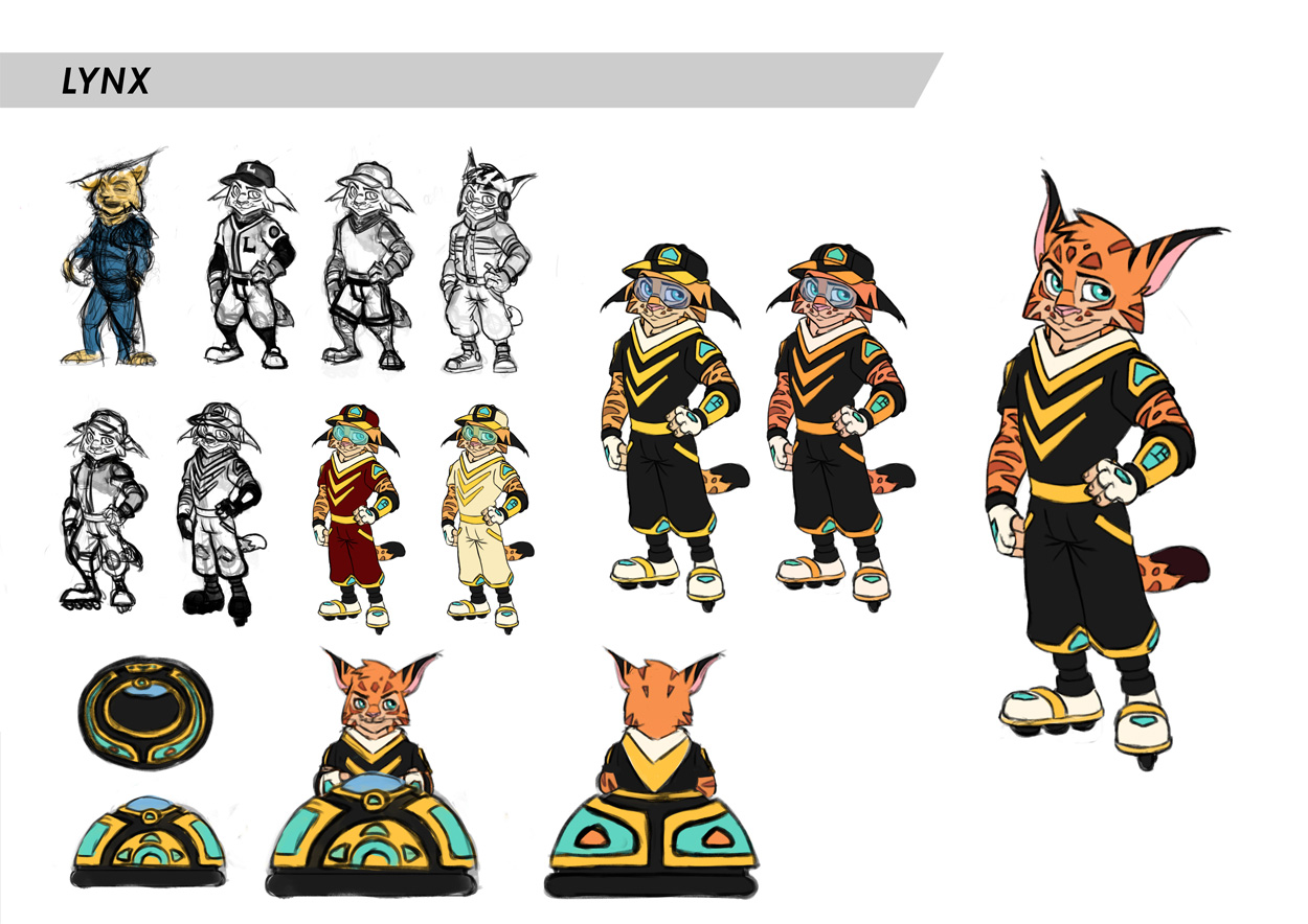 Konseptkunst av Lynx-karakteren med forskning og endelig design for det mobile videospillet Furious Bounce