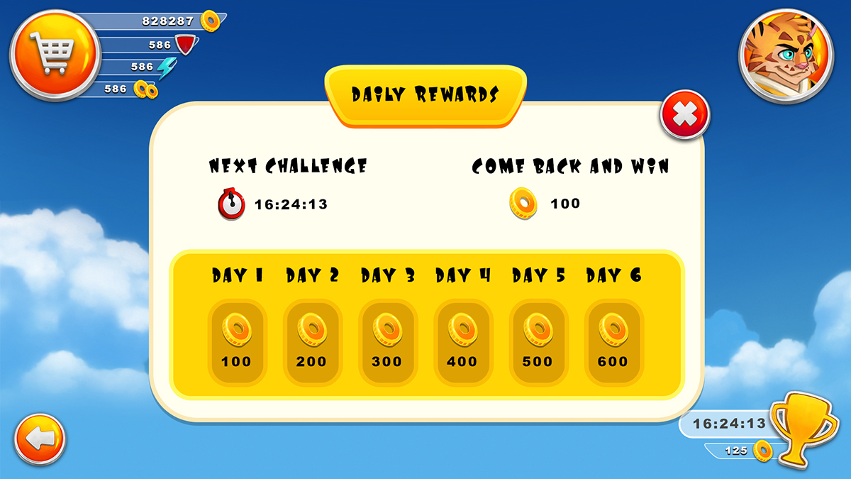 UI / UX Furious Bounce mobile video game daily rewards interface design