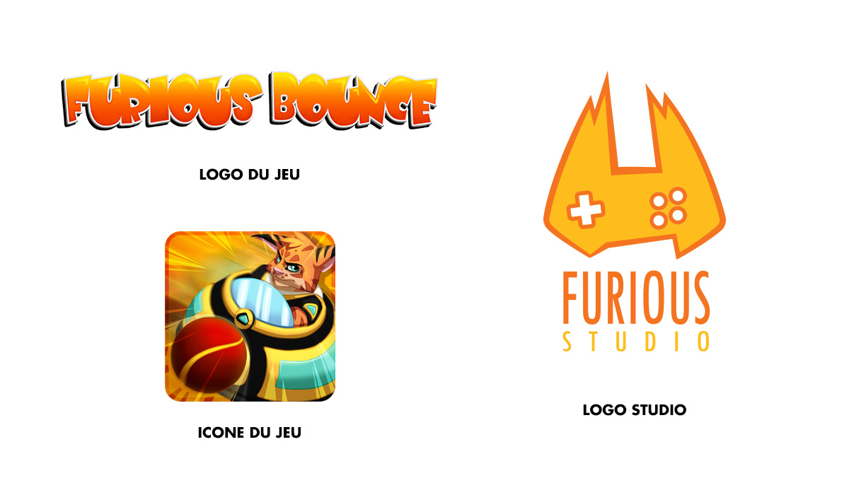 Furious Bounce mobilvideo-logo og ikon og Furious Studio-logo