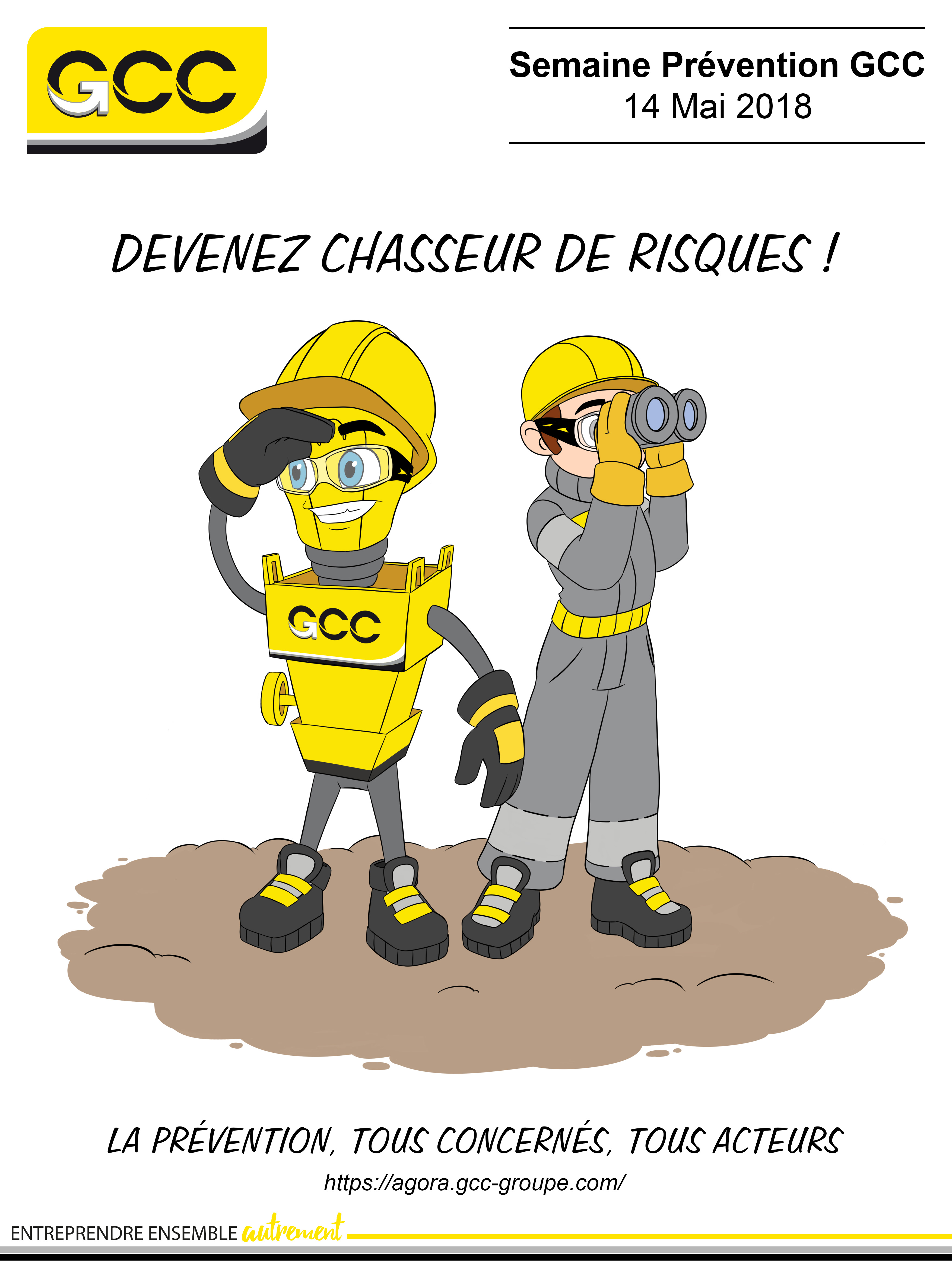 Affiche contenant des illustrations cartoon de la mascottes et des employés de GCC