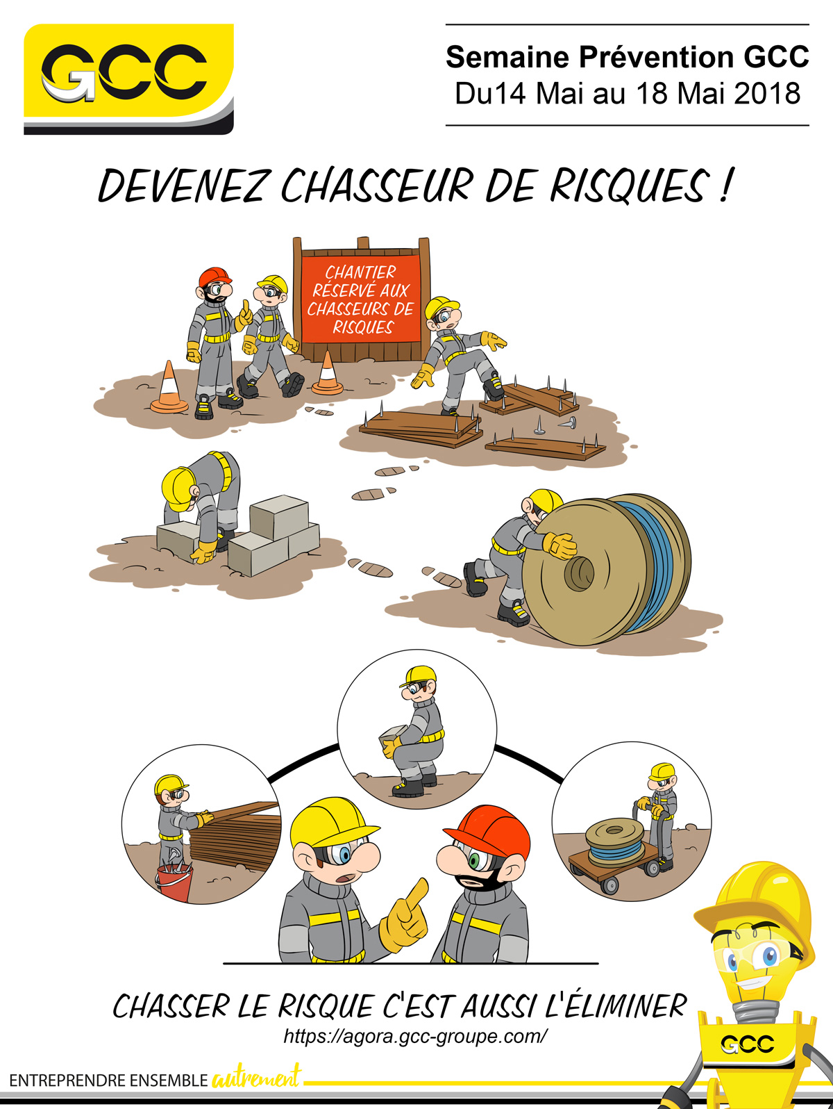 Prevention poster containing cartoon illustrations of the mascots and dangerous situations for employees on the construction site