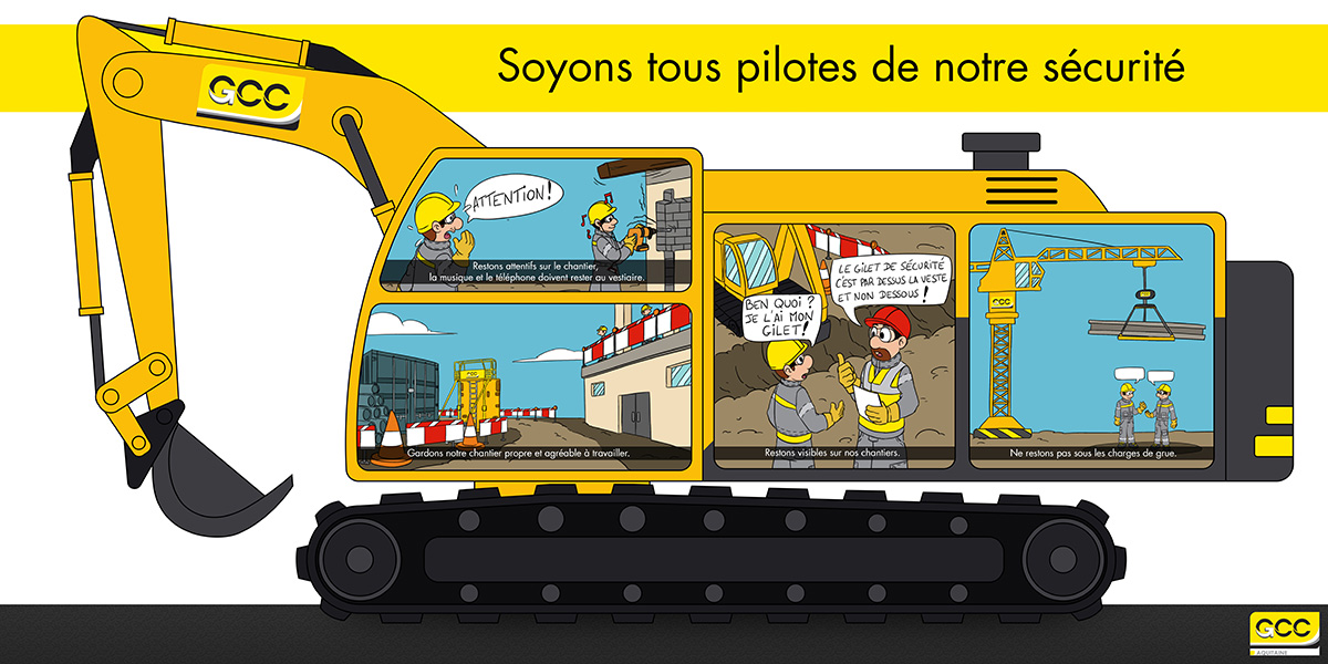 Posters for prevention of employee safety on construction sites with comic strip style cartoon illustration