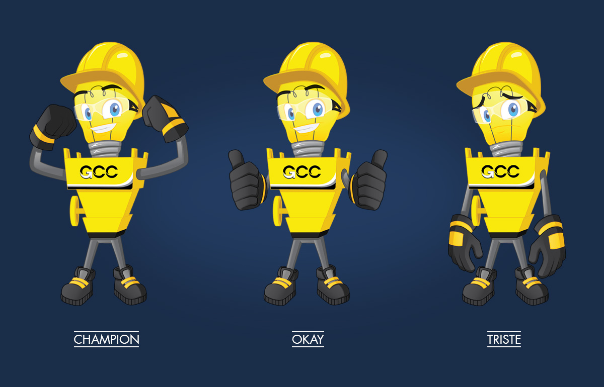 Cartoon illustration of the GCC security mascot with its different expressions