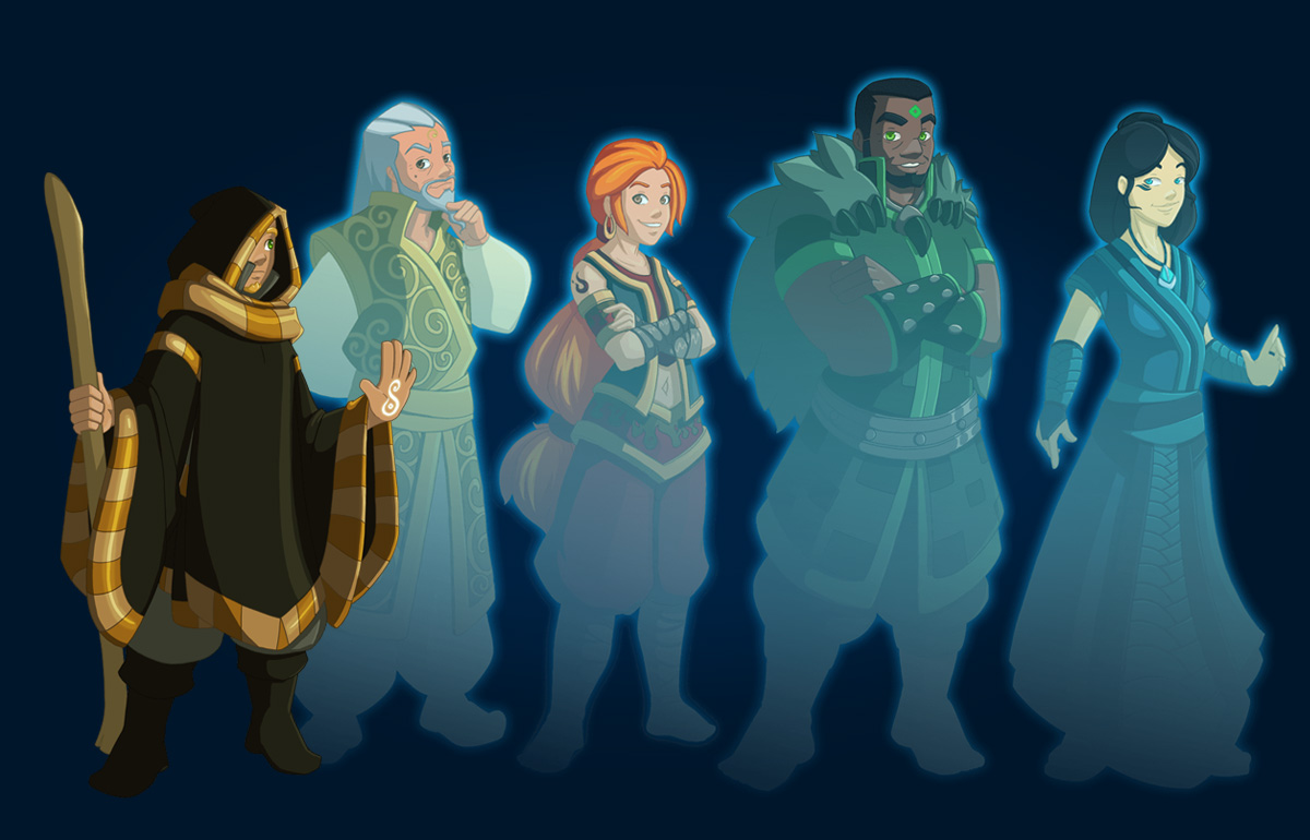 Carton illustration of the masters of the elements and the mysterious man