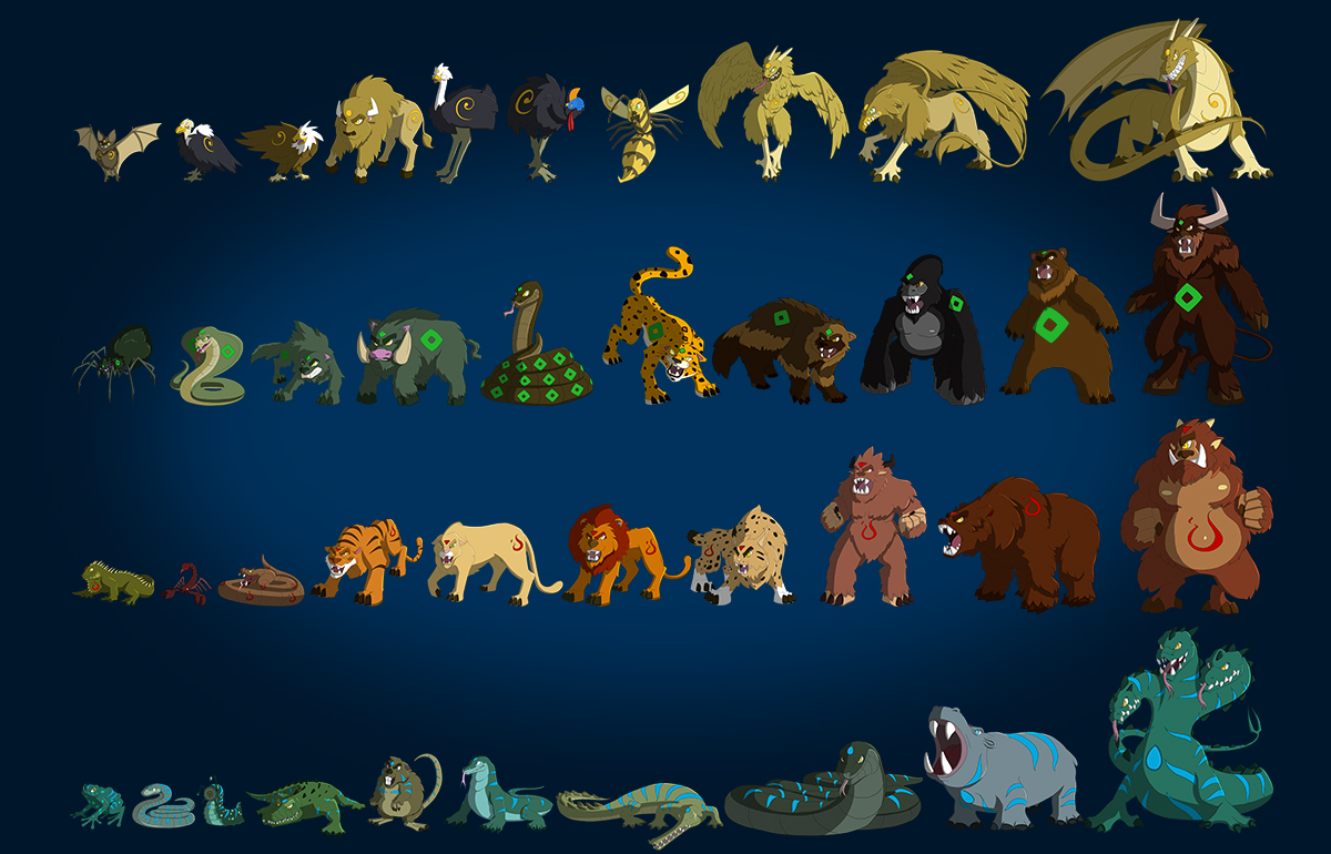 Illustrations cartoon de toutes les créatures du jeu
