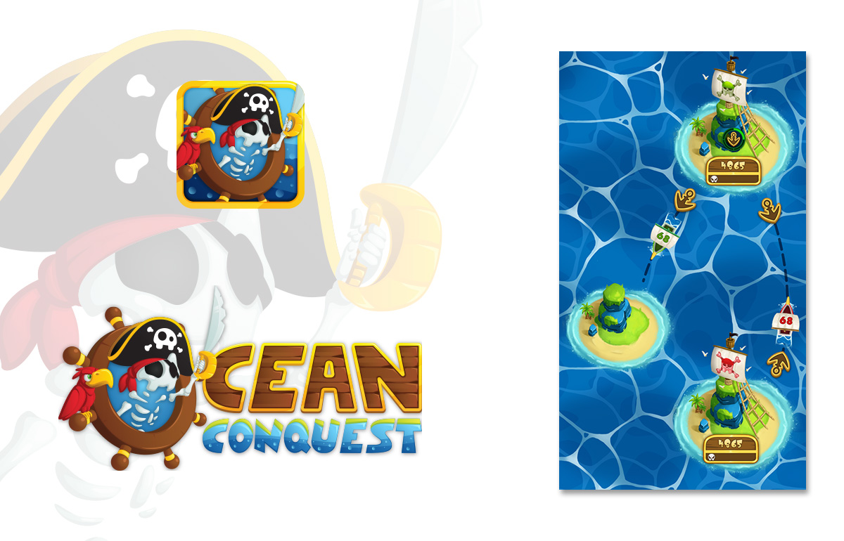 Le logo, l'icone et l'interface du jeu vidéo mobile Ocean Conquest